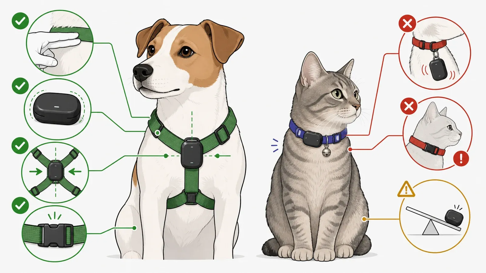 Sichere, körpernahe Befestigung bei Hund und Katze sowie typische Fehlbefestigungen.