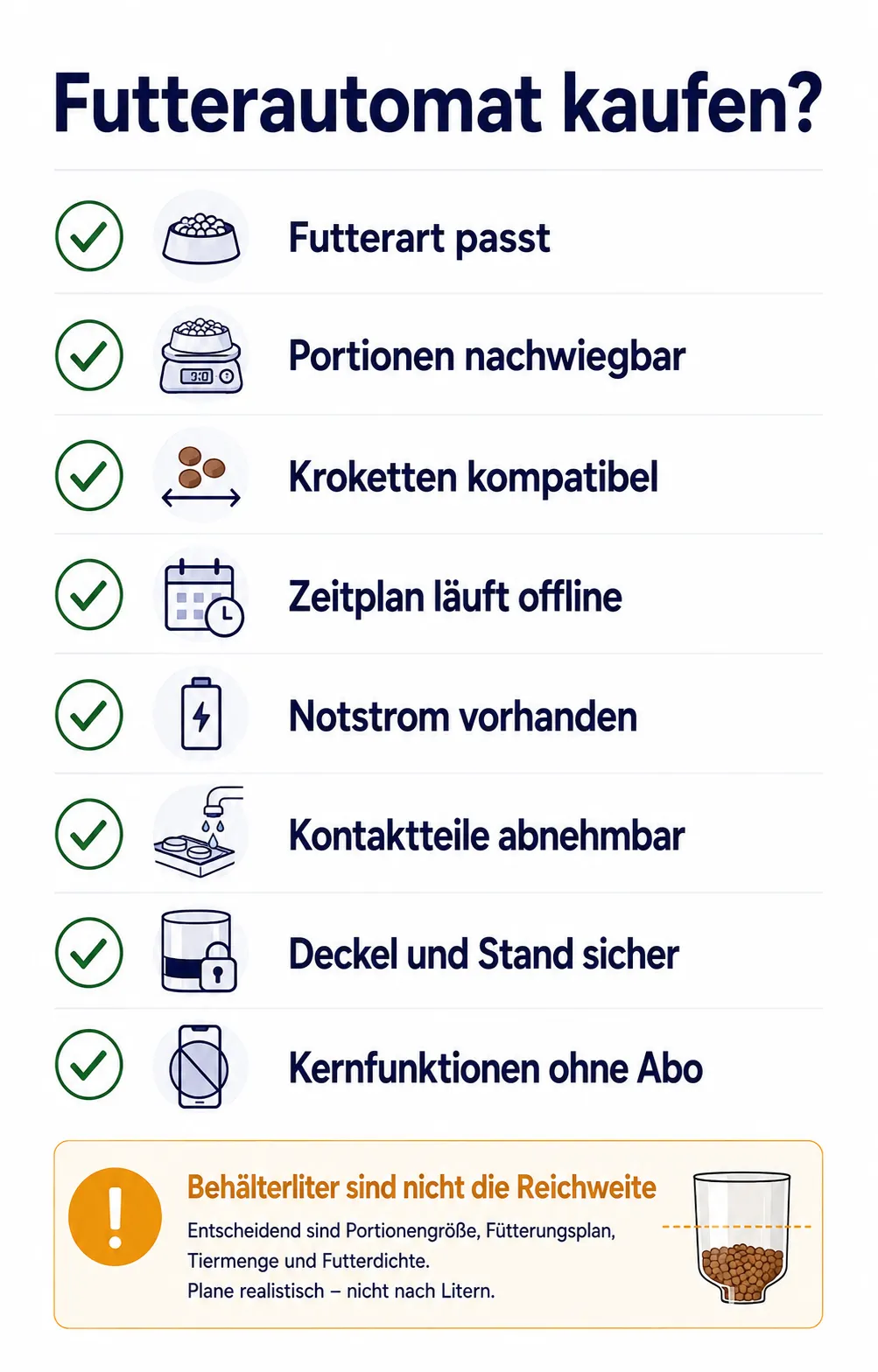 Kaufcheckliste für smarte Futterautomaten mit Portionierung, Ausfallsicherheit, Reinigung und Sicherheit.