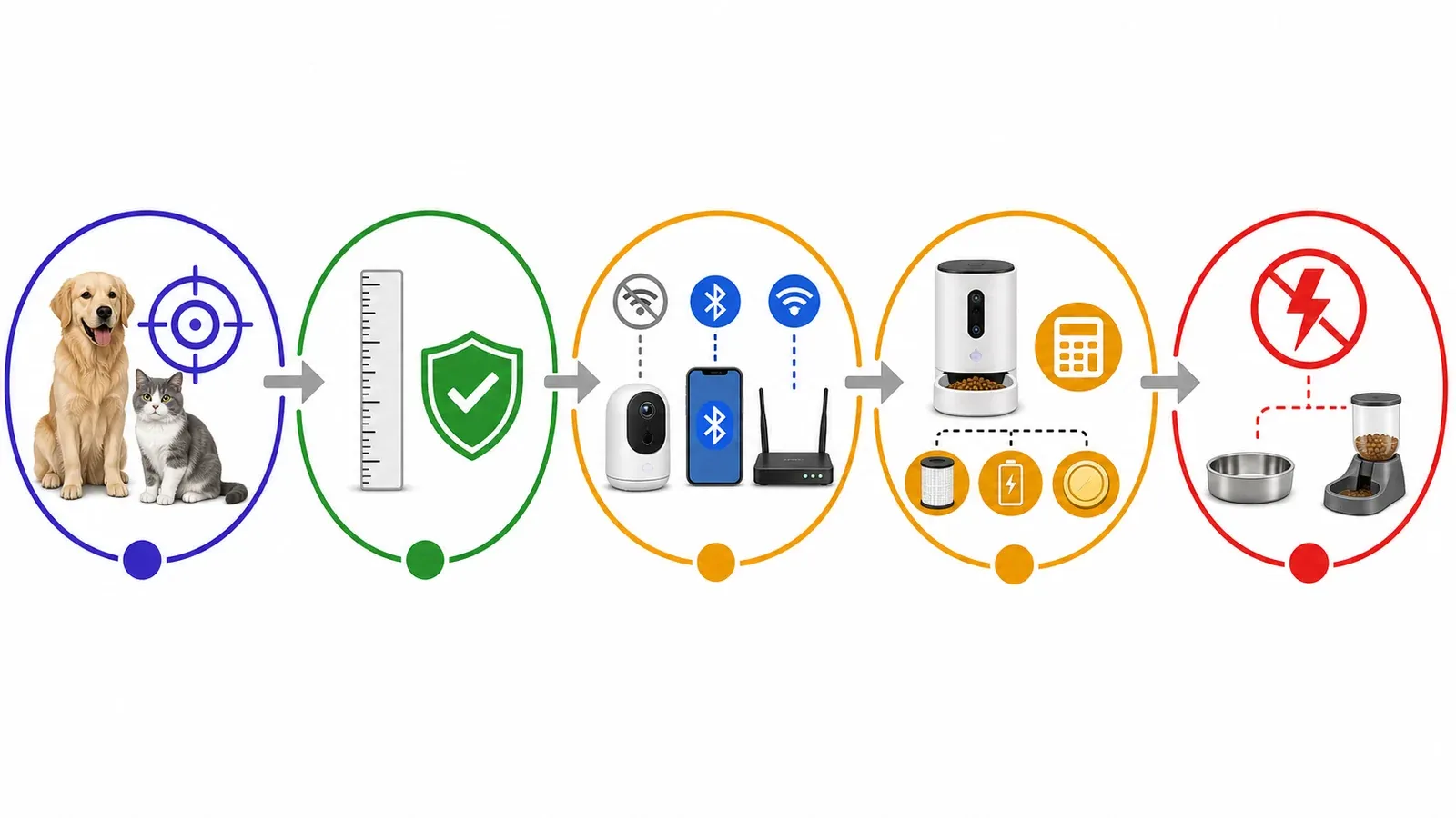 Fünfstufige Kaufentscheidung von Problemdefinition über Passform und Verbindung bis zu Gesamtkosten und sicherer Ausweichlösung.
