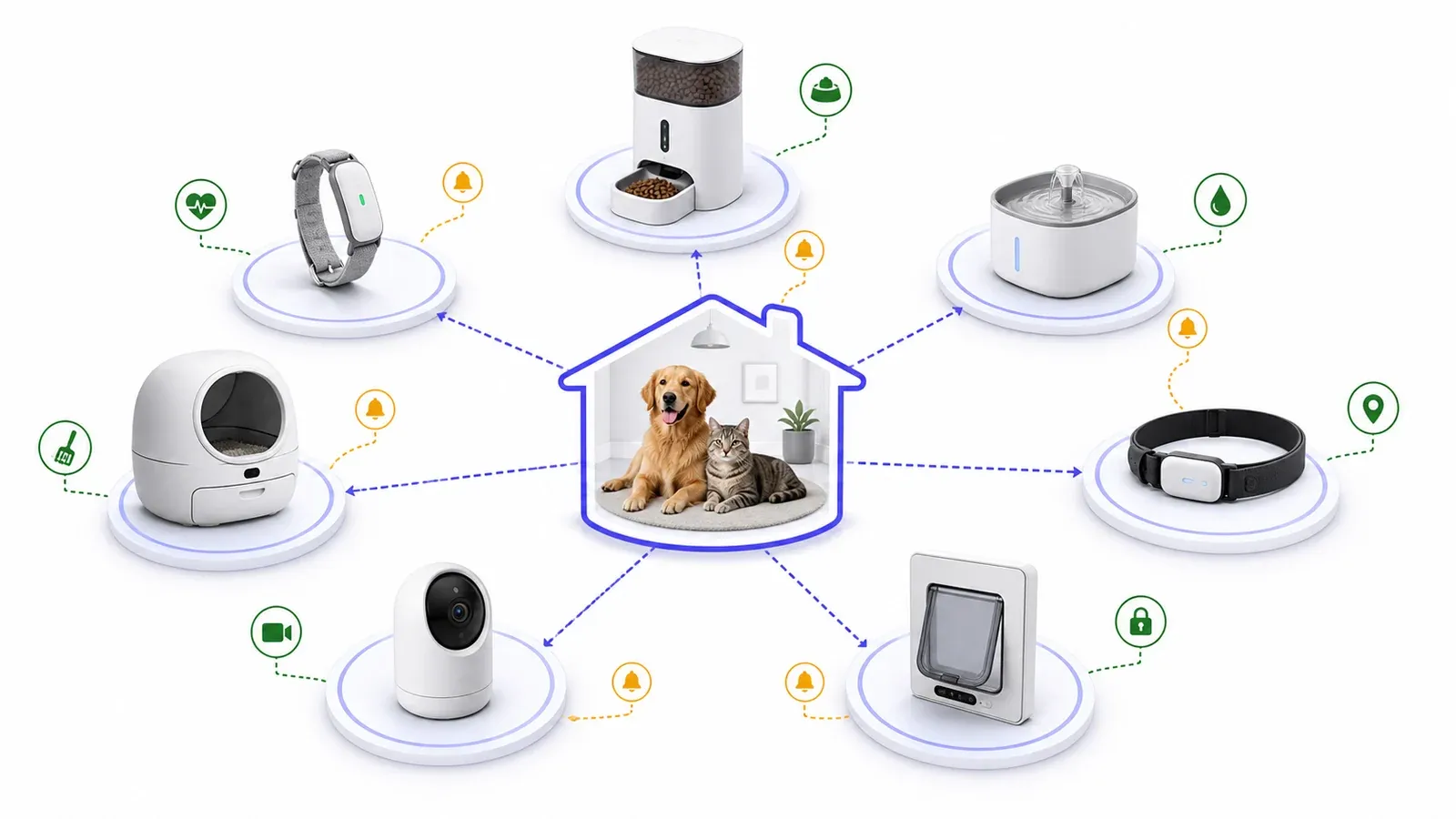 Kategorieübersicht der smarten Haustiertechnik mit sieben Gerätetypen rund um einen Hunde- und Katzenhaushalt.