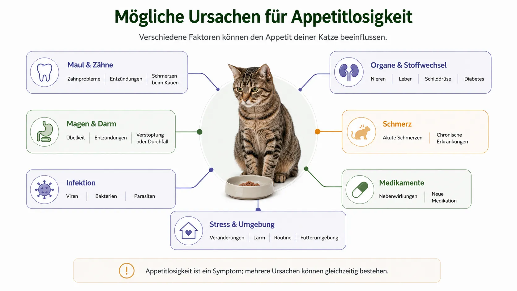 Übersicht möglicher Ursachen für Futterverweigerung bei Katzen