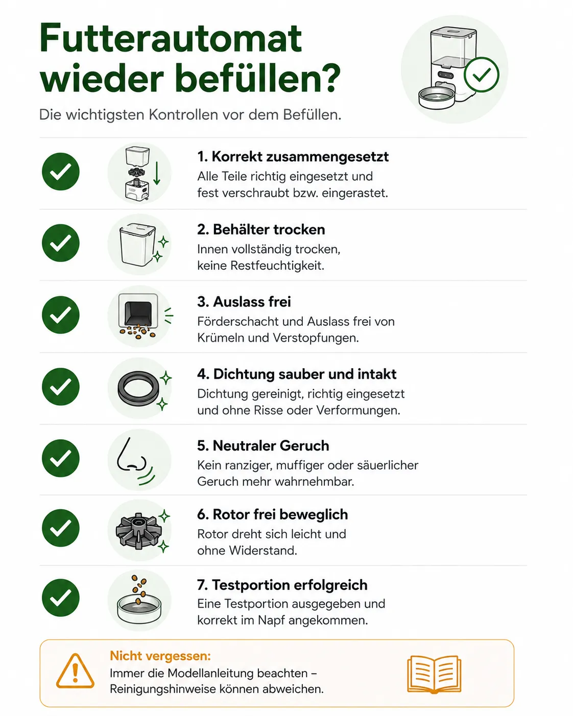 Vertikale Checkliste zur Reinigung eines Futterautomaten
