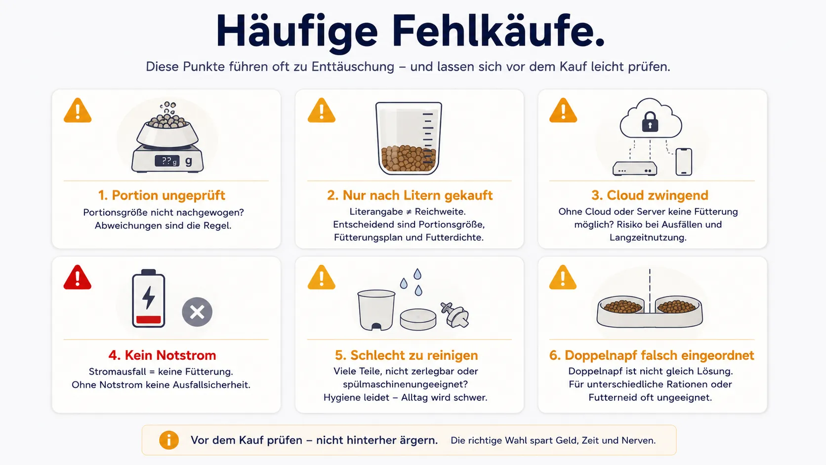 Häufige Fehlkäufe bei smarten Futterautomaten wie ungeprüfte Portionen, Cloud-Abhängigkeit und ungeeignete Mehrtierlösungen.