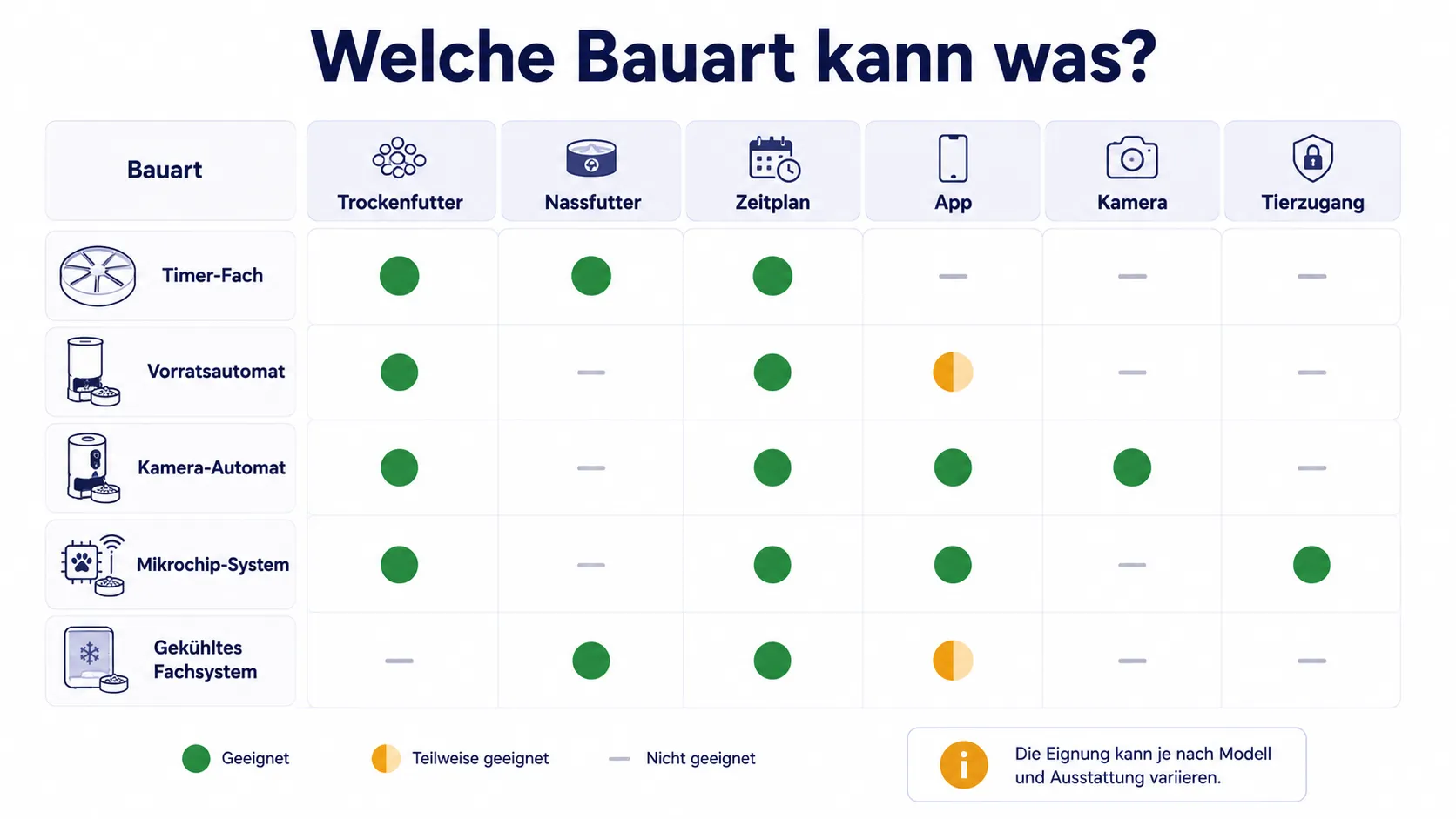 Vergleichsmatrix der Futterautomaten-Bauarten nach Futterart, Zeitplan, App, Kamera und Zugangskontrolle.