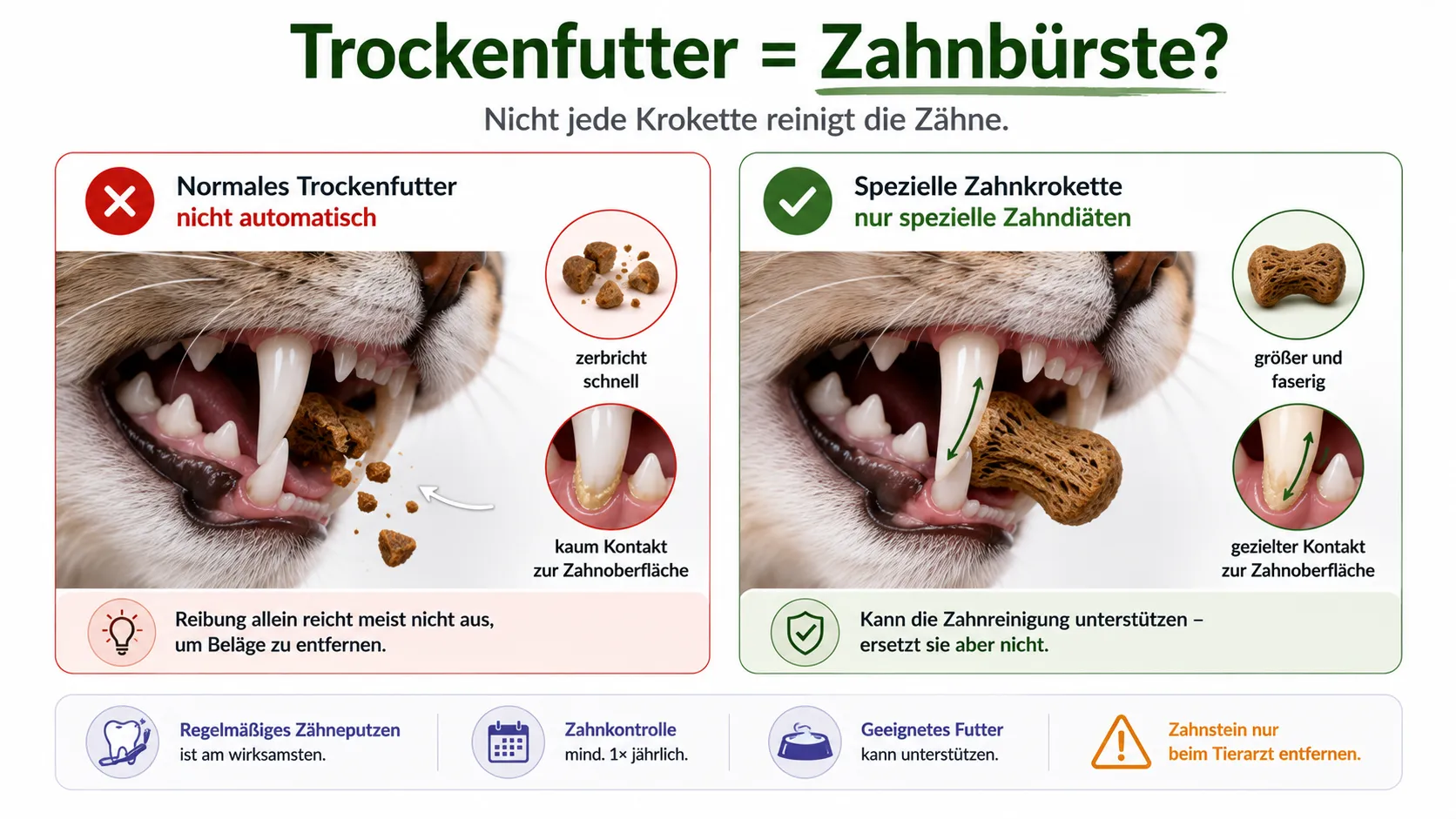 Darstellung, warum normale Kroketten keine Zahnbürste ersetzen