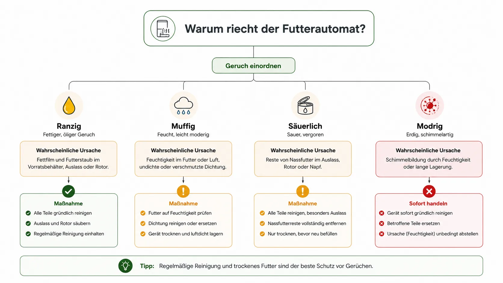 Entscheidungsbaum zur Ursache von Gerüchen im Futterautomaten
