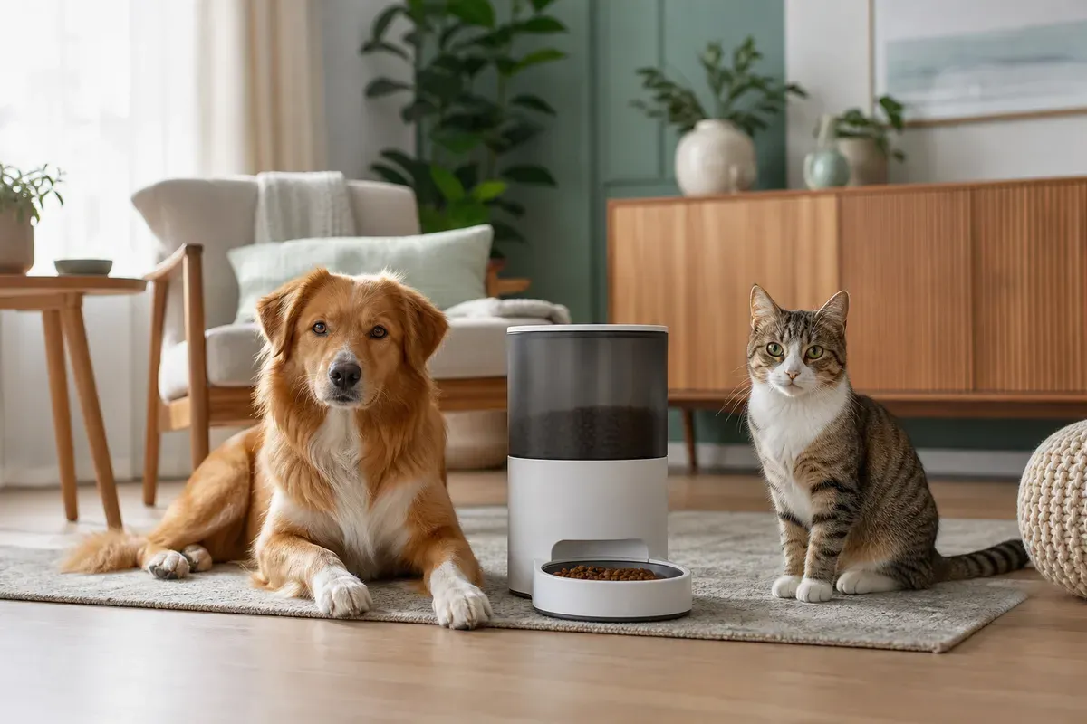 Junger und älterer Hund sowie Katze an getrennten Futterplätzen als Symbol für altersgerechte Fütterungszeiten