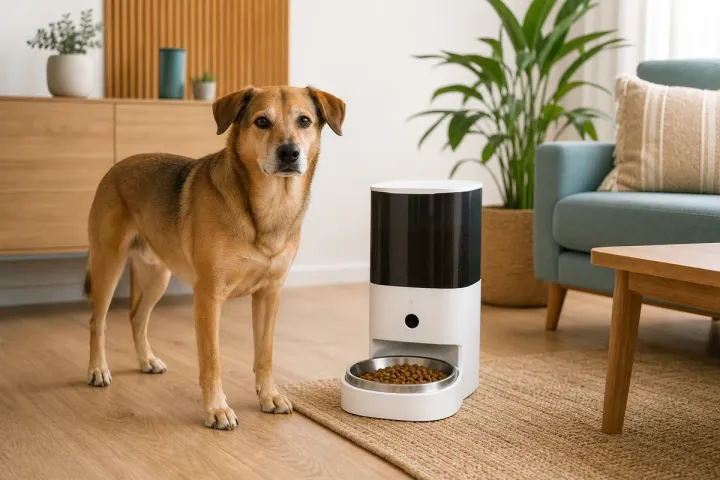 Hund neben mehreren automatischen Futterautomaten im redaktionellen Vergleich