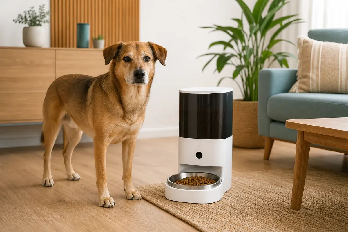 Hund neben einem automatischen Futterspender