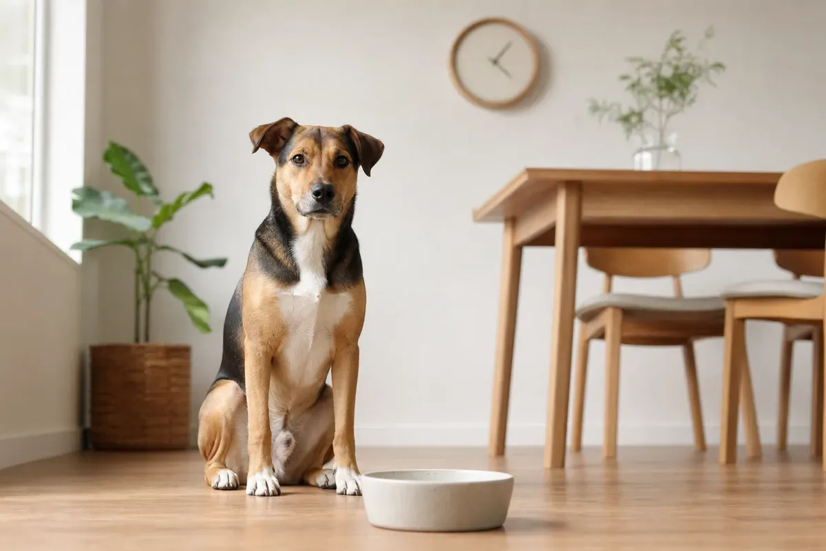 Hund wartet vor seinem Futternapf
