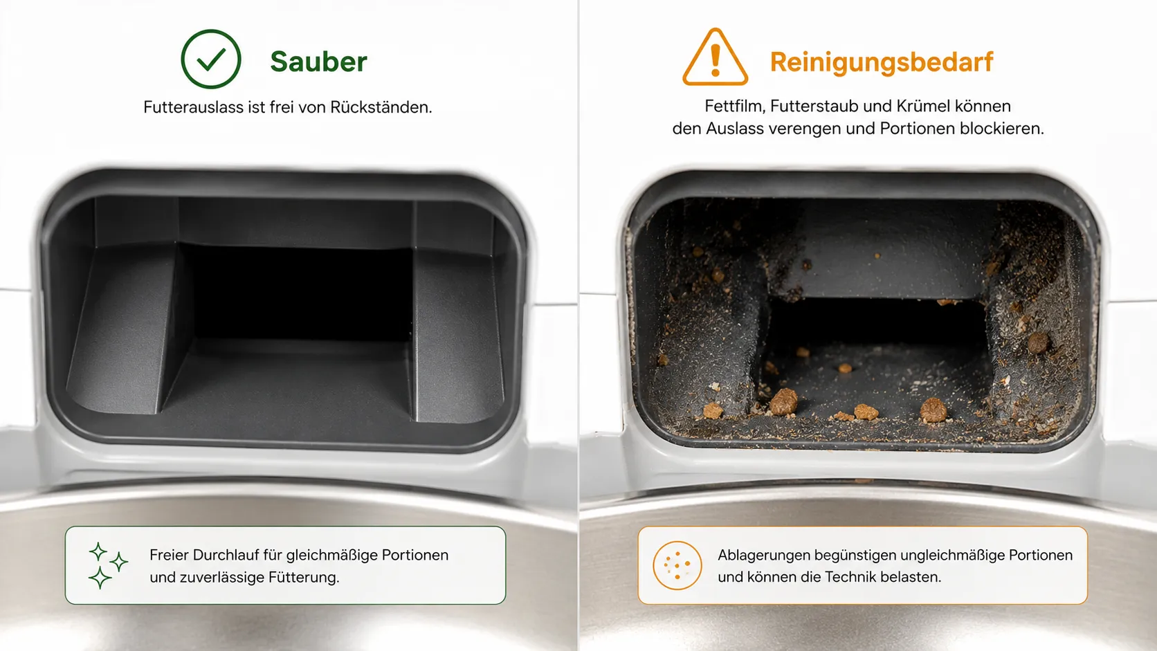 Nahaufnahme eines sauberen und eines verschmutzten Futterauslasses
