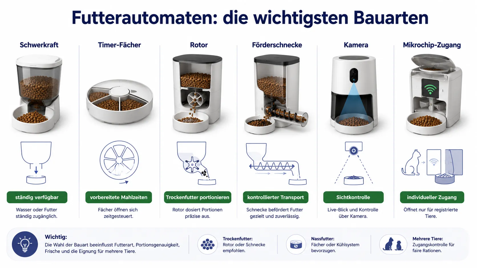Übersicht der wichtigsten Bauarten smarter Futterautomaten für Trockenfutter, Nassfutter und Mehrtierhaushalte.