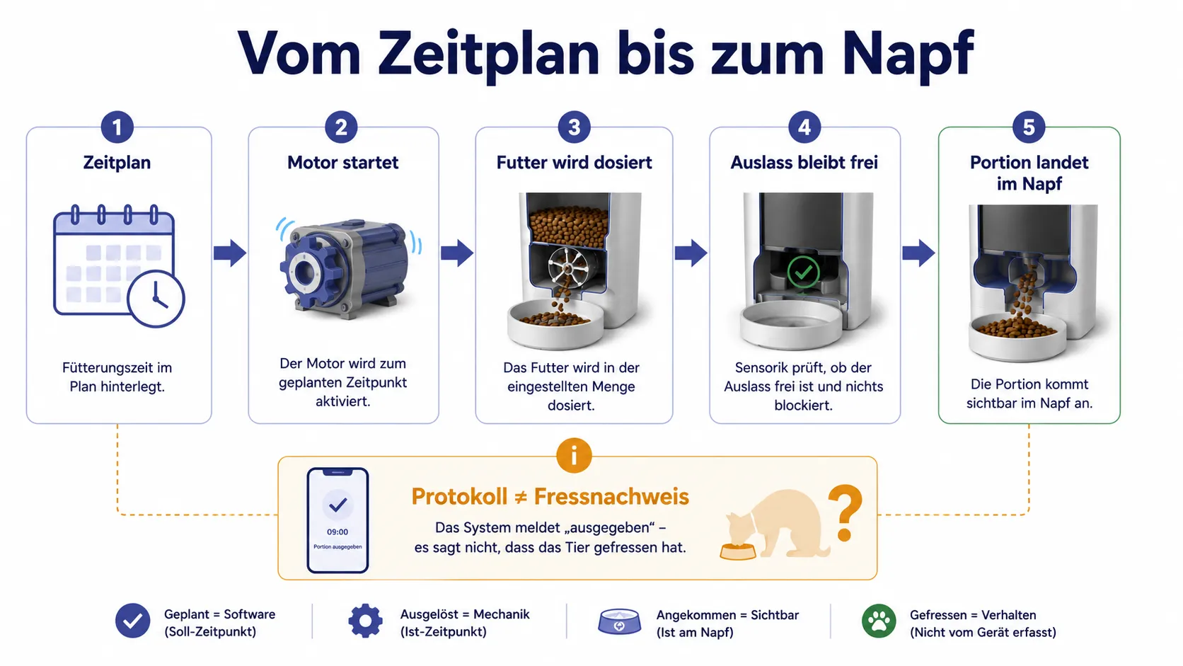 Ablauf einer automatischen Futterausgabe vom Zeitplan über Mechanik und Sensorik bis zum Napf.