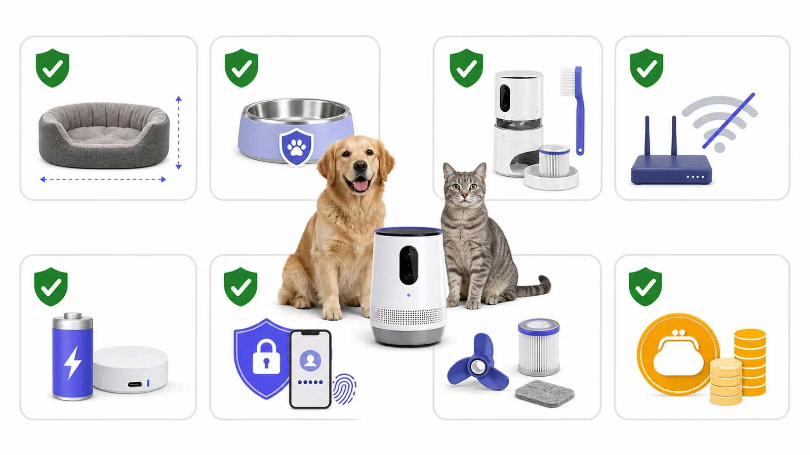 Abschlusscheckliste für smarte Haustiertechnik mit Passform, Kontaktmaterial, Reinigung, Offline-Betrieb, Notstrom, Datenschutz, Ersatzteilen und Gesamtkosten.