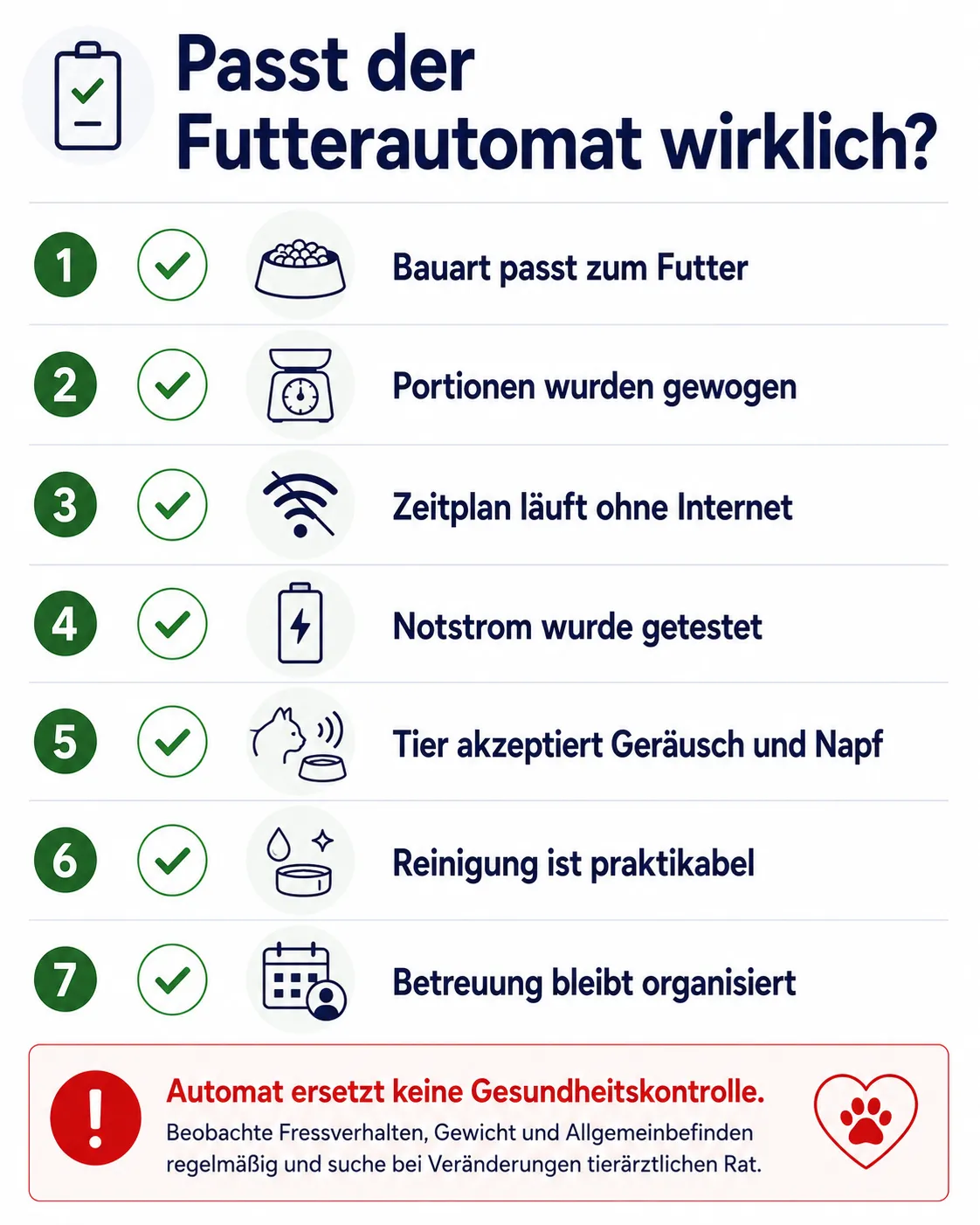 Mobile Abschlusscheckliste zur Auswahl und sicheren Einrichtung eines smarten Futterautomaten.