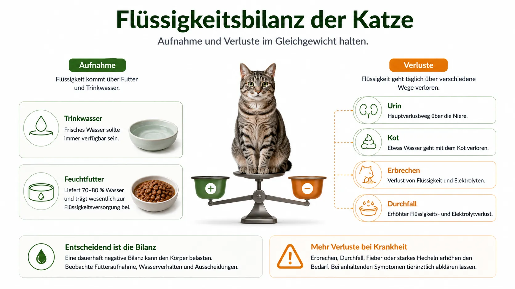 Übersicht der Flüssigkeitsbilanz einer Katze mit Aufnahme über Futter und Wasser sowie Verlusten über Urin, Kot, Erbrechen und Durchfall