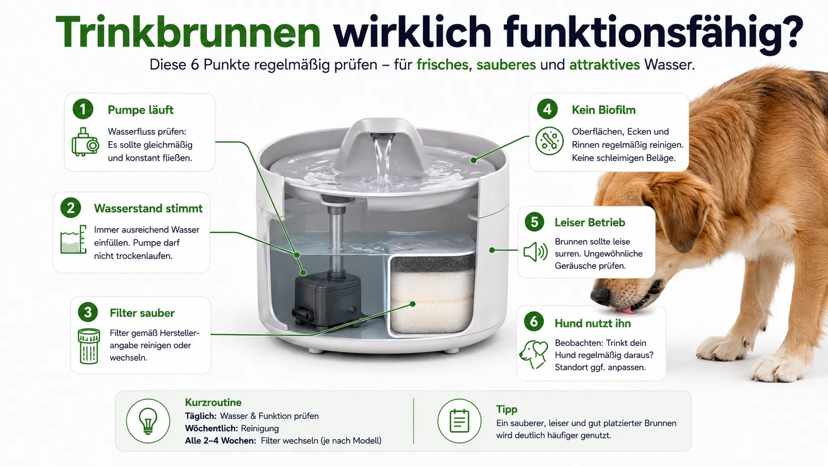 Hund prüft einen Trinkbrunnen mit breiter Trinkfläche