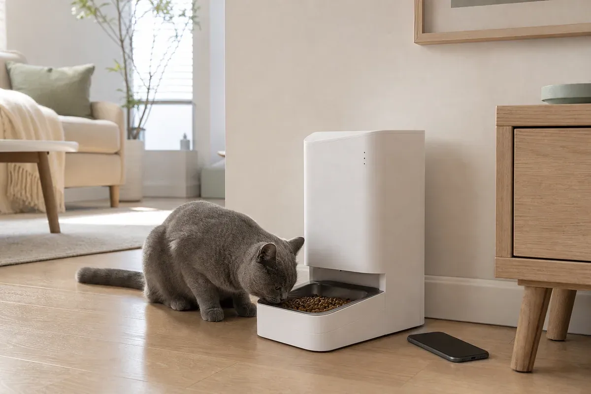 PAWBBY Smart Pet Feeder mit Katze in einer realistischen Fütterungssituation