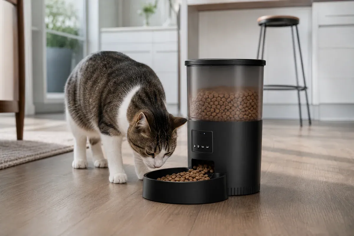 IMIPAW 3L Futterautomat in einer Fütterungssituation mit Katze