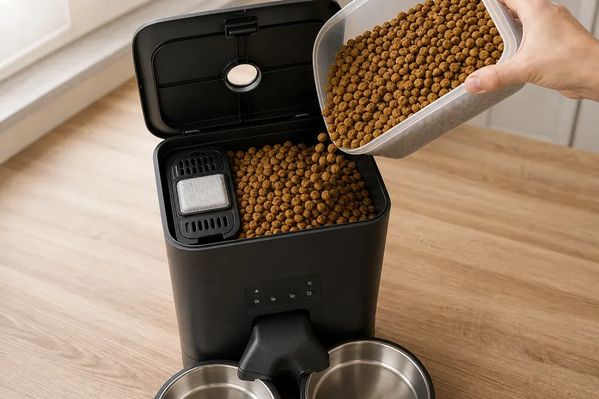 Geöffneter 5-Liter-Behälter des oneisall Futterautomaten