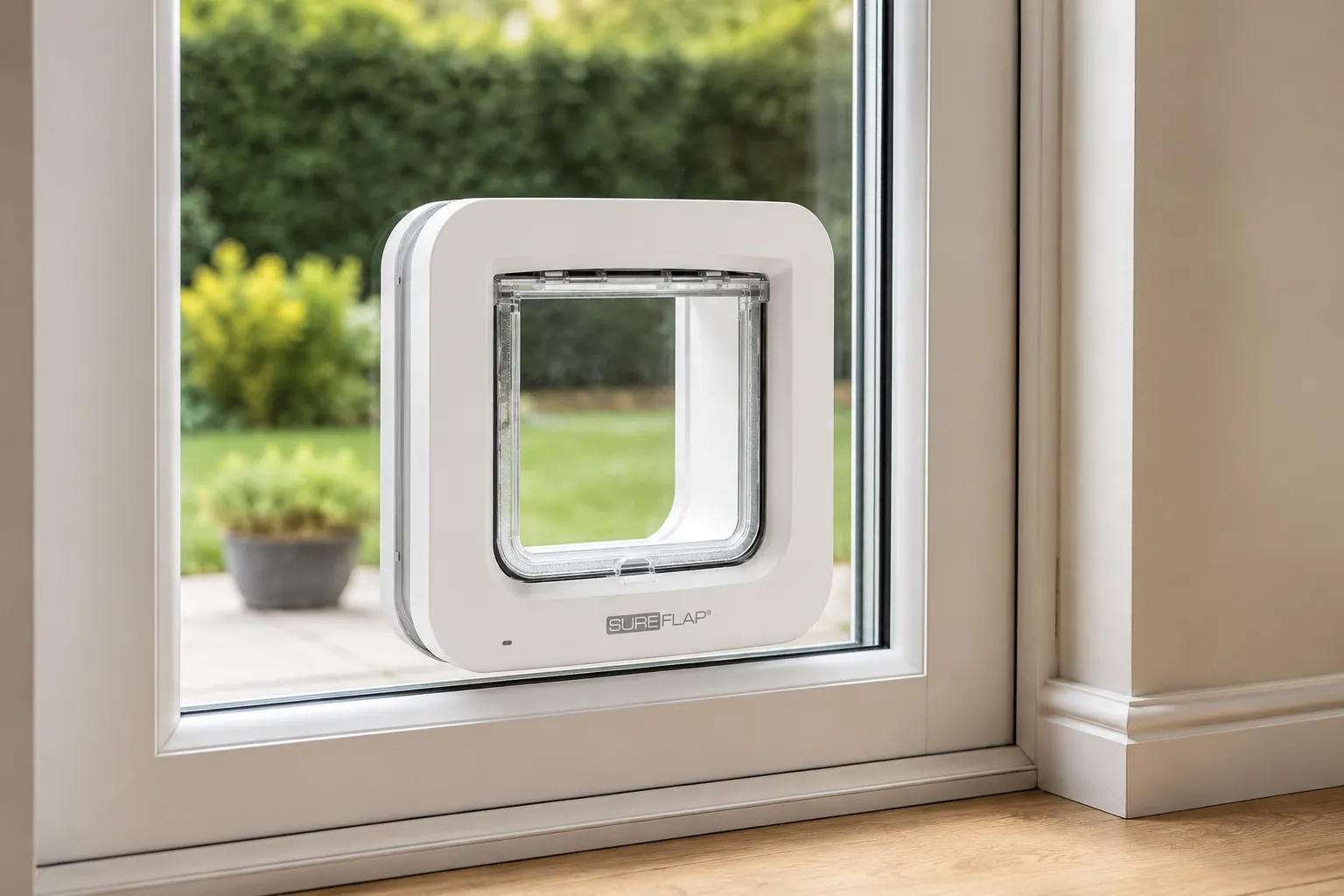 SureFlap Mikrochip Katzenklappe Connect eingebaut in einer Terrassentür
