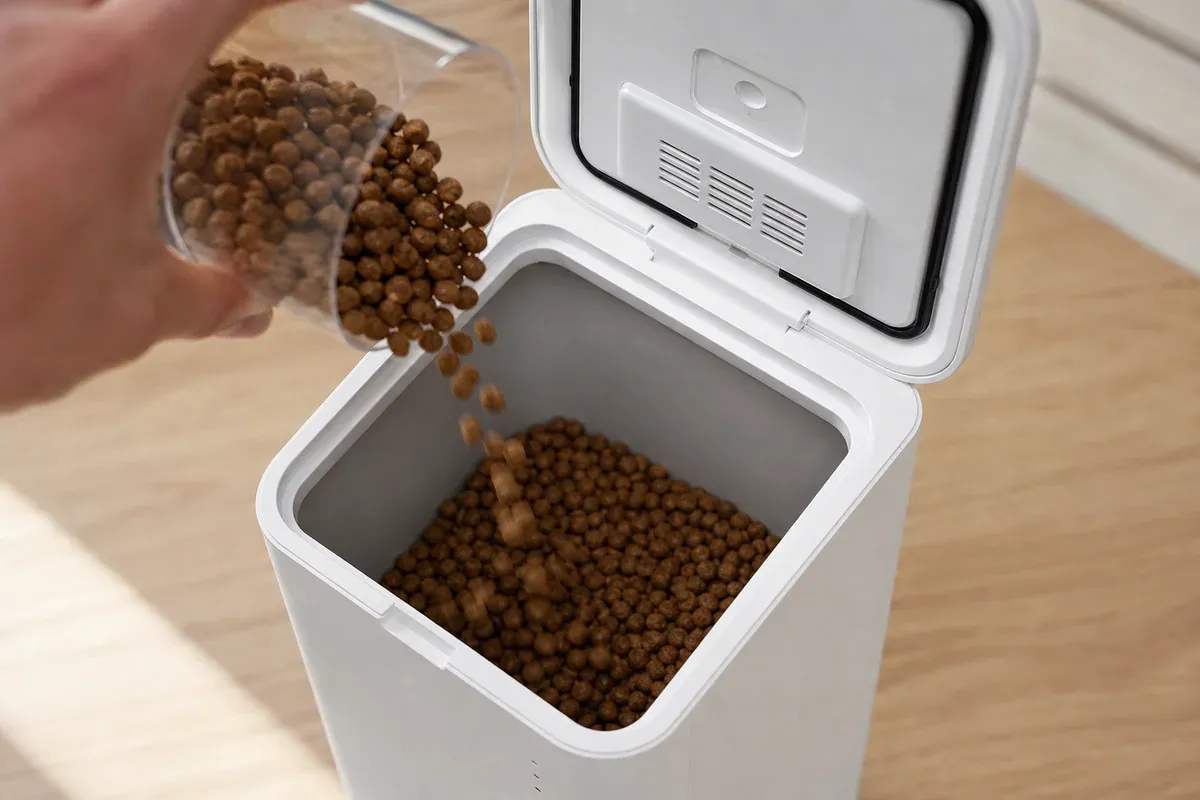 Geöffneter Vorratsbehälter des PAWBBY Smart Pet Feeder beim Nachfüllen