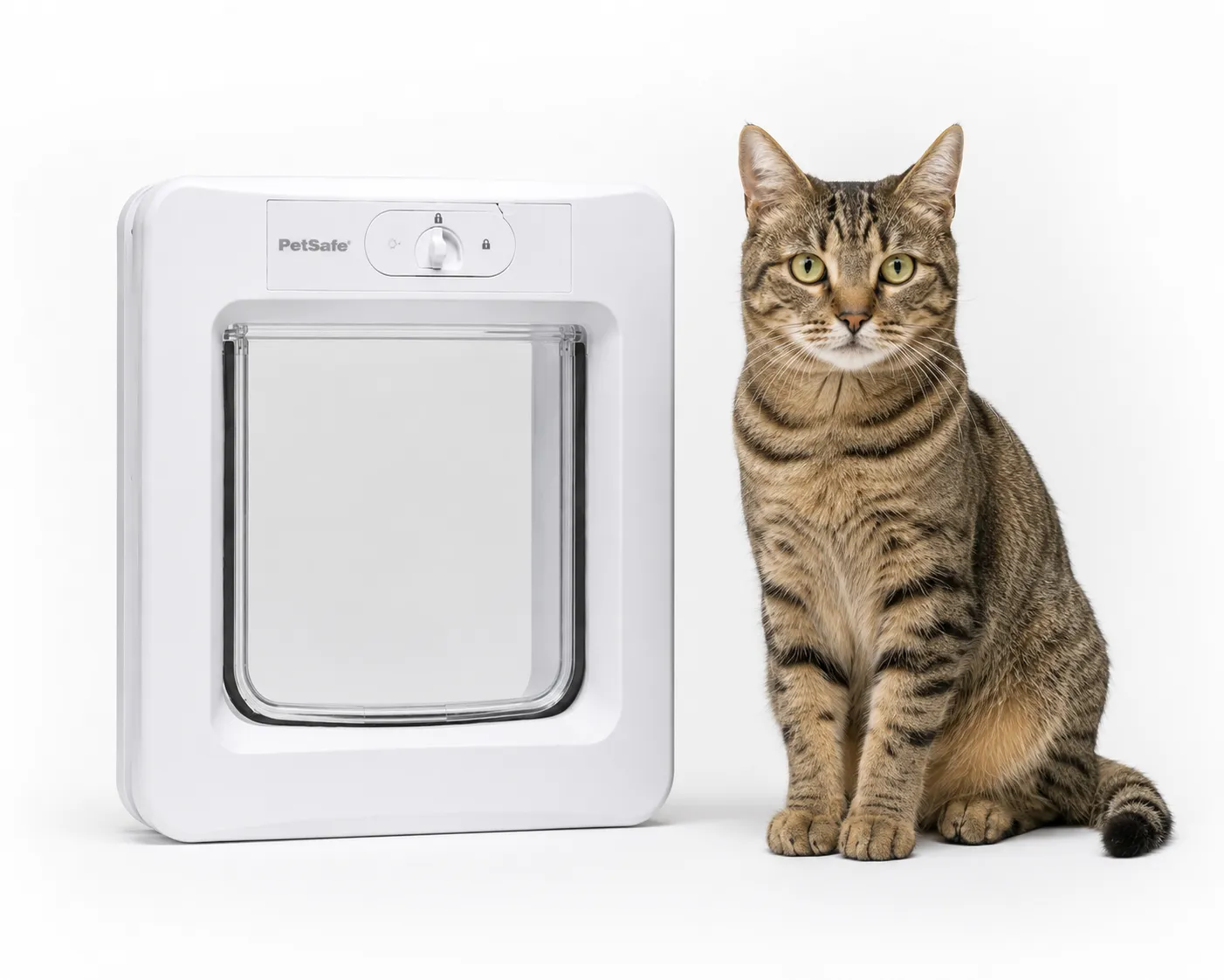 Größenvergleich der PetSafe Mikrochip Katzenklappe mit einer Hauskatze