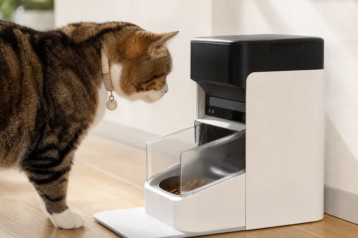 Katze mit RFID-Halsbandanhänger vor dem geöffneten Zugang des PETLIBRO One