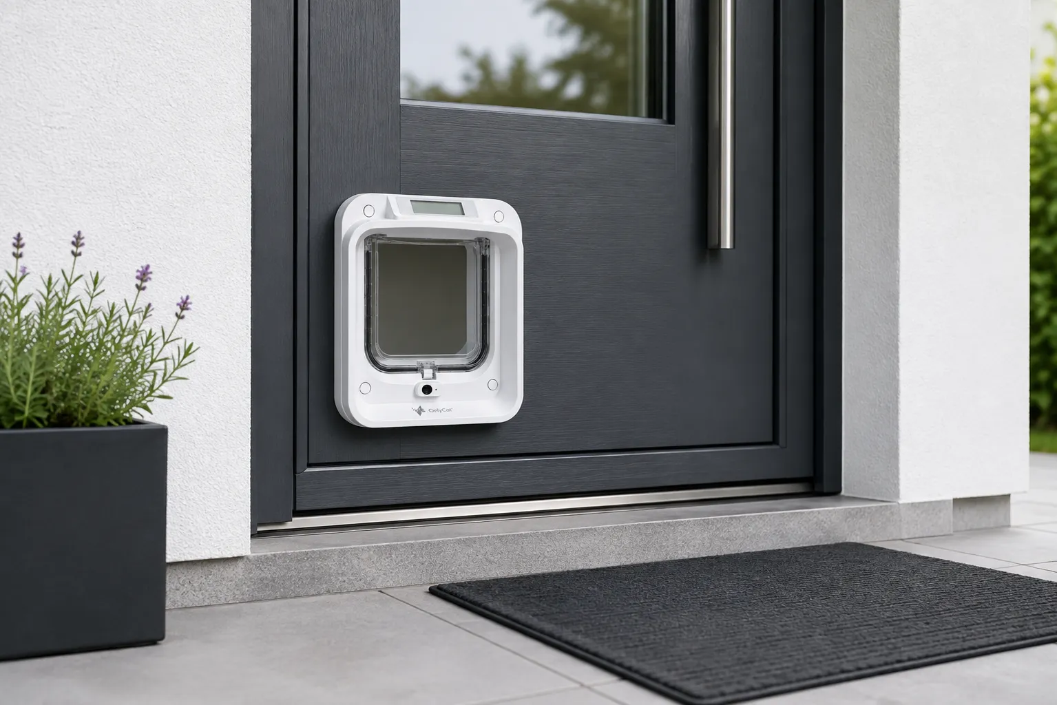 OnlyCat Mikrochip Katzenklappe eingebaut in eine moderne Haustür