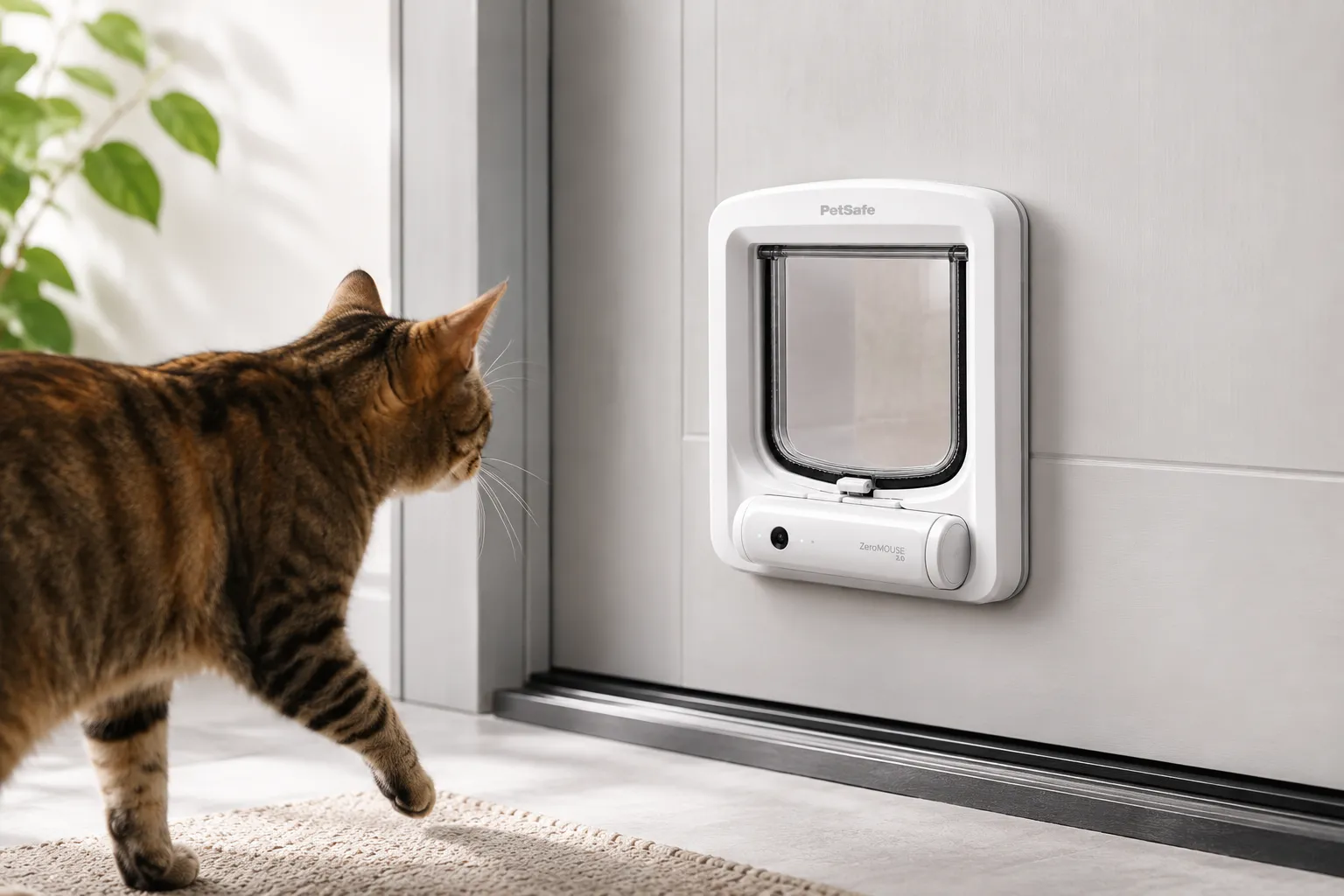 Freigängerkatze vor einer mit ZeroMOUSE 2.0 nachgerüsteten Katzenklappe
