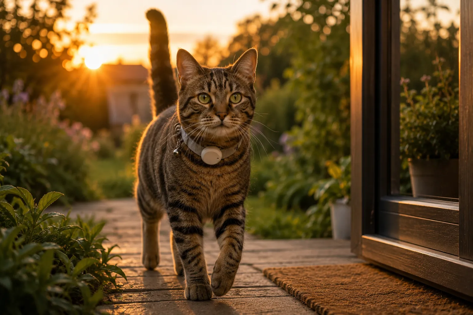 Katze kehrt am Abend mit getragenem GPS-Tracker-Halsband nach Hause zurück