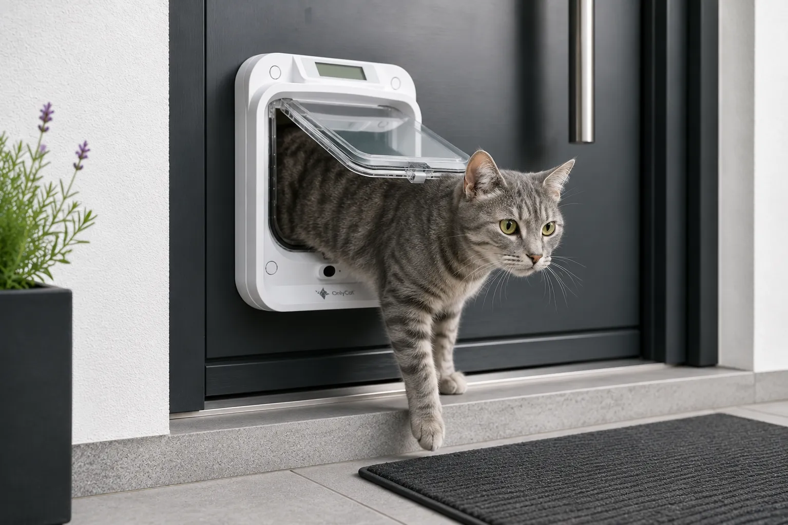 Katze bei der Nutzung der OnlyCat Mikrochip Katzenklappe