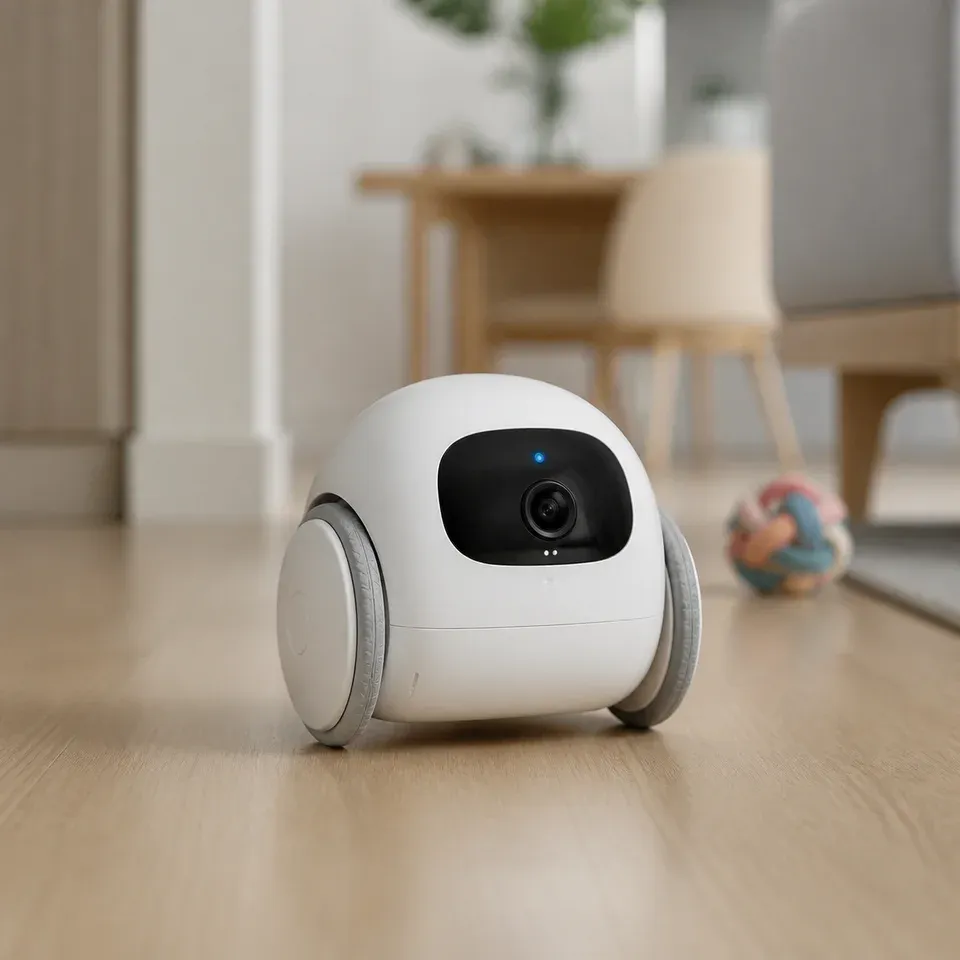 Neutrale redaktionelle Darstellung eines mobilen Kamera-Roboters für Haustiere