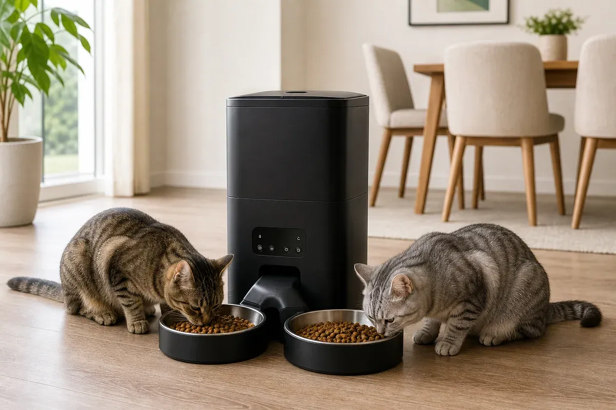 oneisall 5L Futterautomat mit zwei Näpfen und zwei Katzen