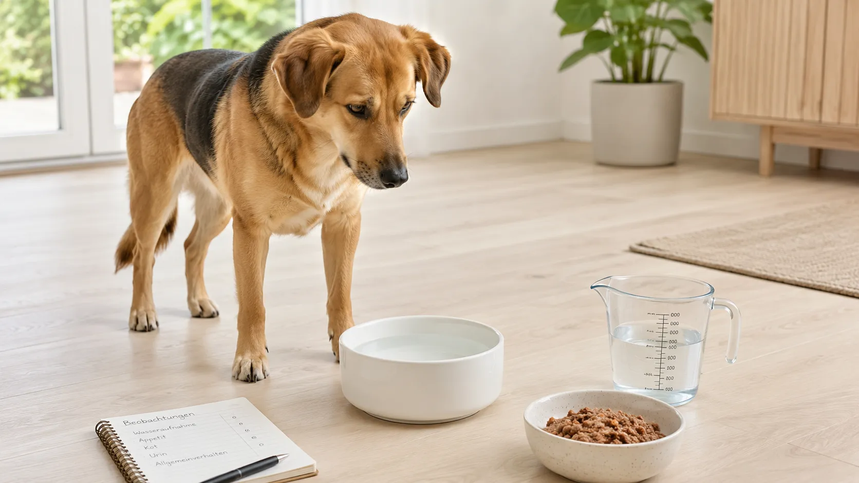 Hund neben einem Wassernapf, während Trinkmenge, Zahnfleisch, Futter und Urin kontrolliert werden.