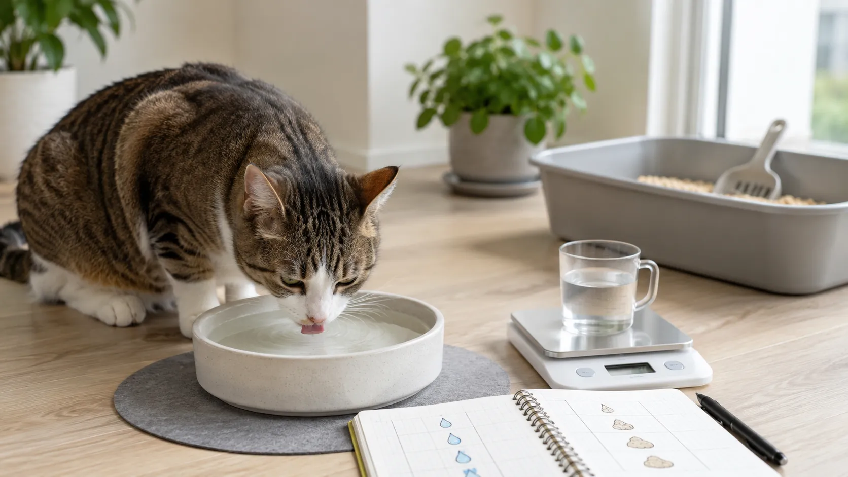 Katze an einer Wasserstelle mit daneben dokumentierten Trinkmengen und Urinklumpen.