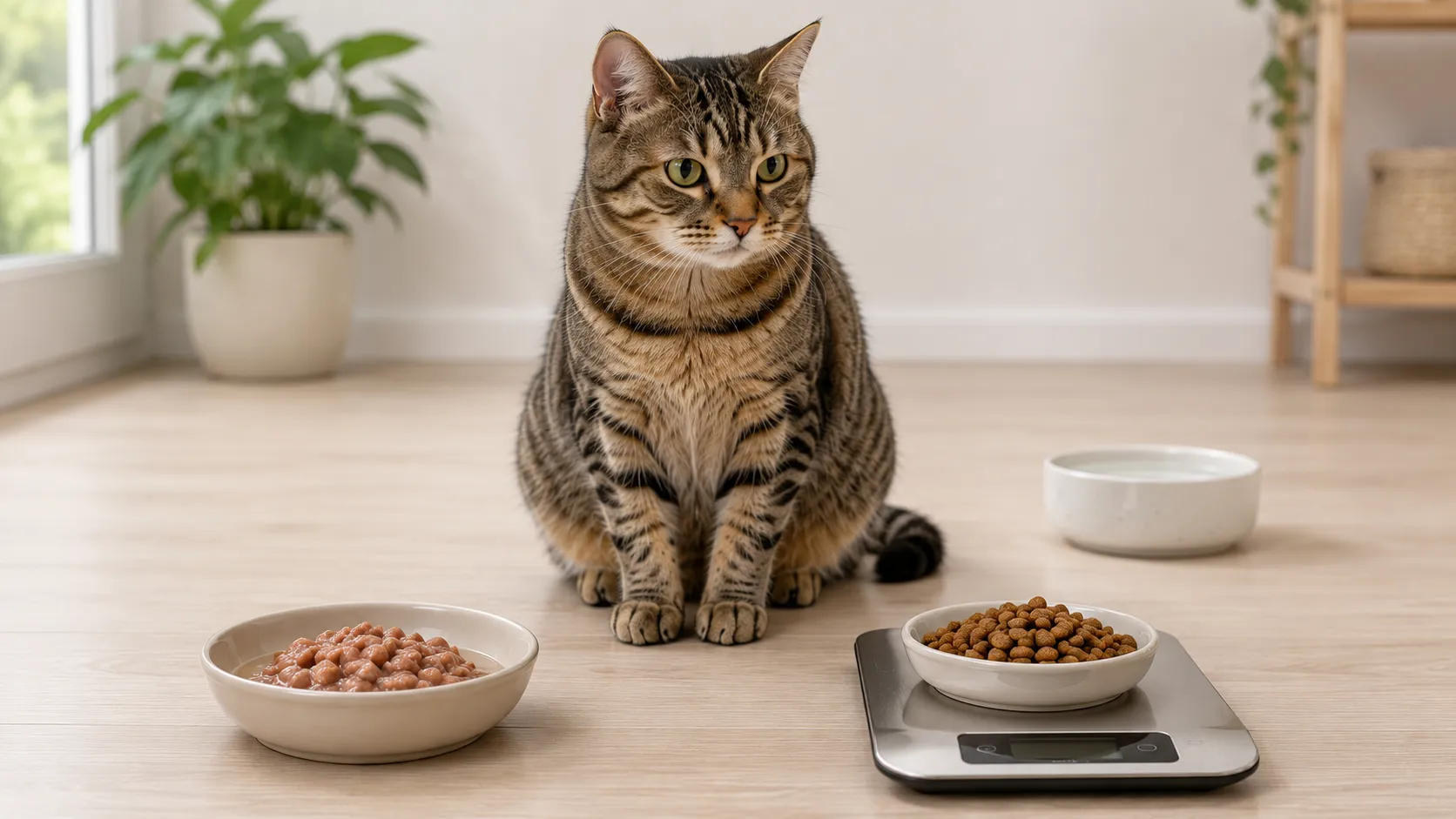 Katze zwischen einer Portion Nassfutter und einer abgewogenen Portion Trockenfutter.