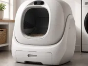 Neutrale redaktionelle Darstellung einer geschlossenen automatischen Katzentoilette mit zwei Kameras