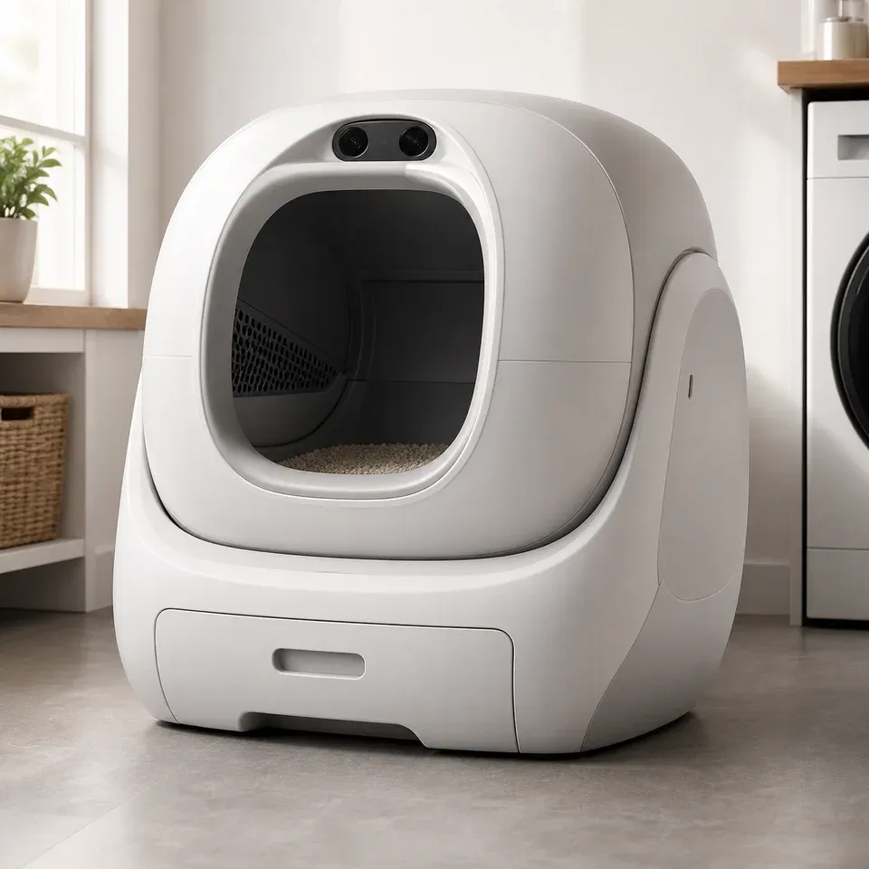 Neutrale redaktionelle Darstellung einer geschlossenen automatischen Katzentoilette mit zwei Kameras