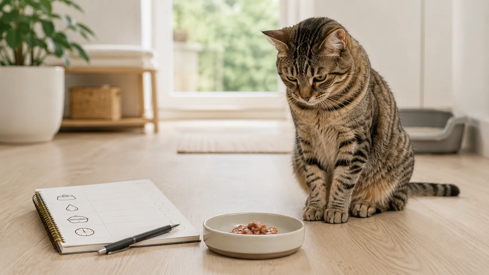 Katze vor einem unberührten Futternapf, während Futtermenge, Verhalten und Warnzeichen kontrolliert werden.