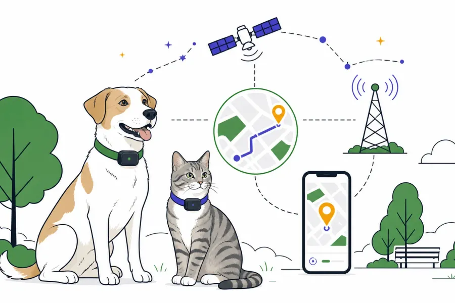 Hund und Katze mit generischen GPS-Trackern zwischen Satelliten, Mobilfunk und Smartphone-Karte