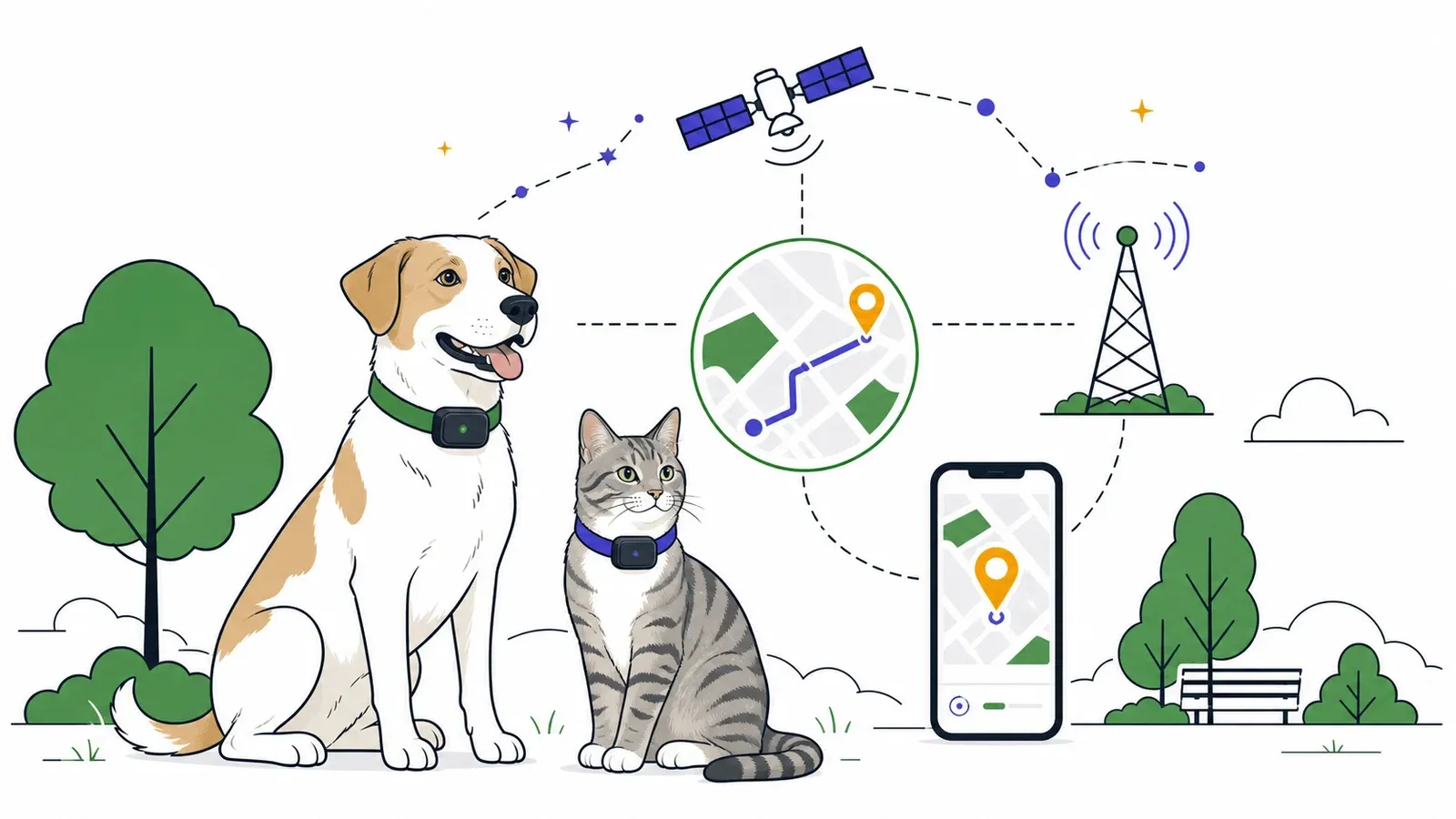 Generische redaktionelle Darstellung eines GPS-Trackers an einem großen Hund; nicht das konkrete Produkt
