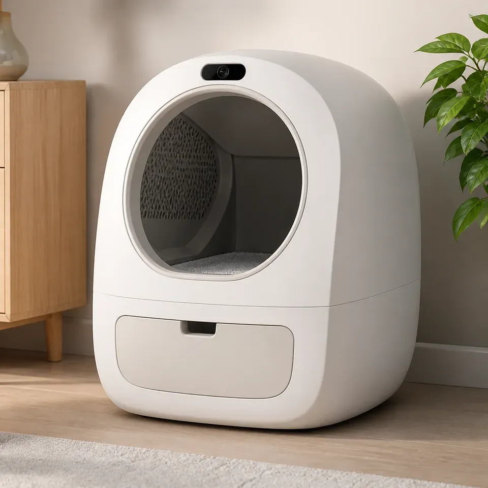 Neutrale redaktionelle Darstellung einer geschlossenen automatischen Katzentoilette mit Kamera