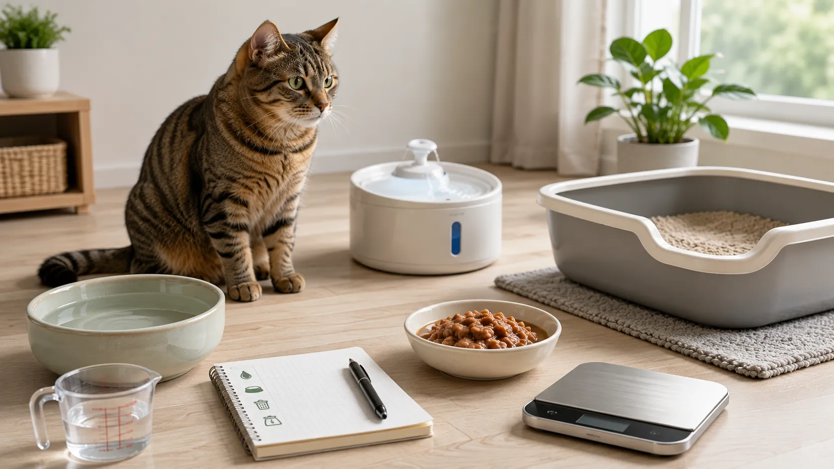 Katze neben mehreren Wasserstellen, während Trinkmenge, Futter und Katzenklo beobachtet werden.