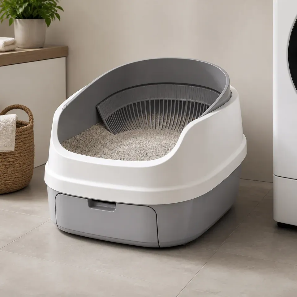 Neutrale redaktionelle Darstellung einer offenen automatischen Katzentoilette