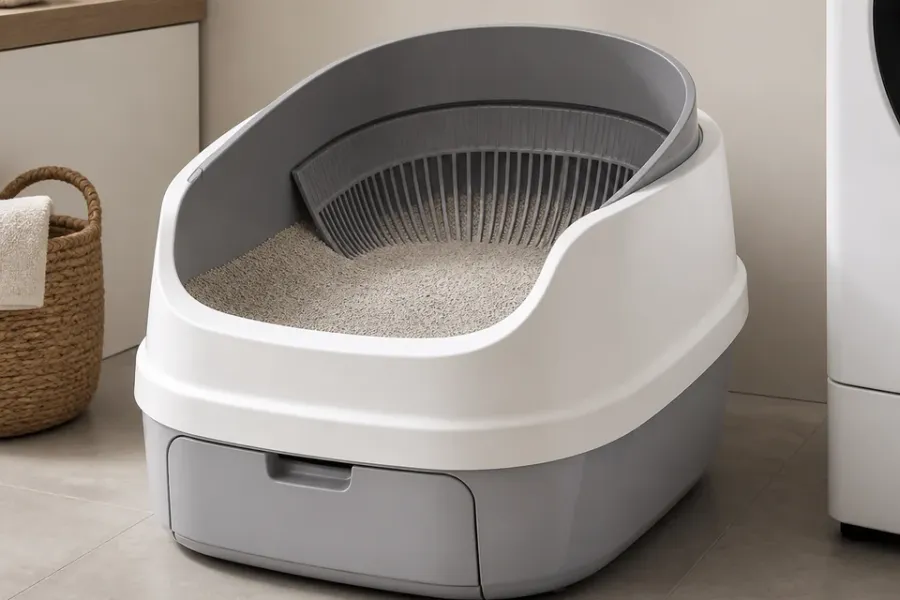Redaktionelle Darstellung einer offenen automatischen Katzentoilette als Systemalternative
