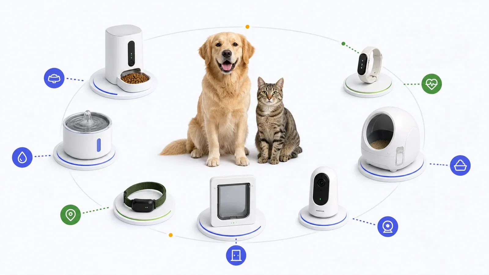 Hund und Katze im Zentrum eines Systems aus Futterautomat, Trinkbrunnen, GPS-Tracker, Katzenklappe, Kamera, Katzentoilette und Gesundheits-Tracker
