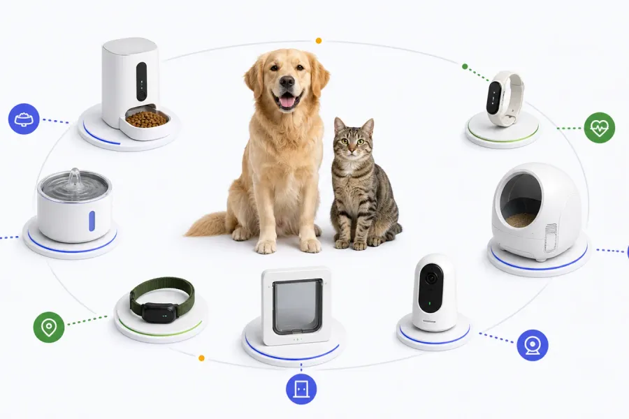 Hund und Katze im Zentrum eines Systems aus Futterautomat, Trinkbrunnen, GPS-Tracker, Katzenklappe, Kamera, Katzentoilette und Gesundheits-Tracker