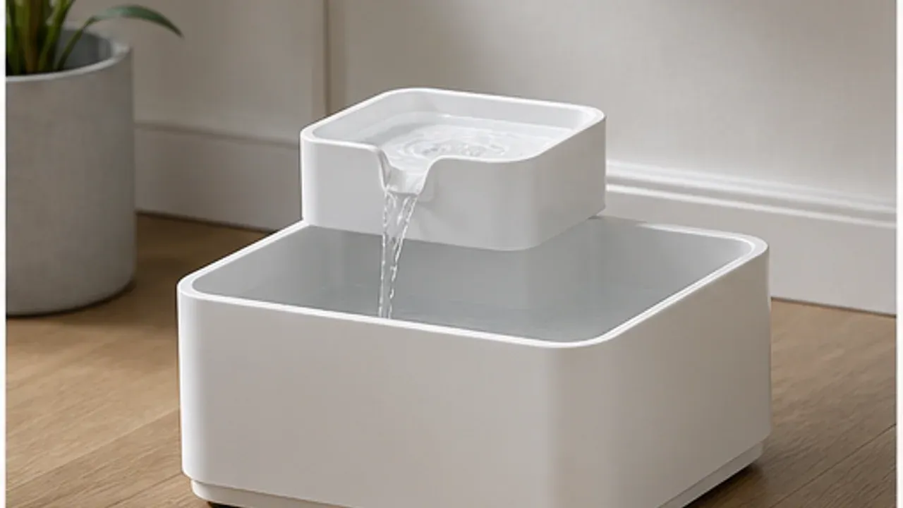 Weißer Cat Mate Pet Fountain 335 mit drei übereinanderliegenden Trinkebenen