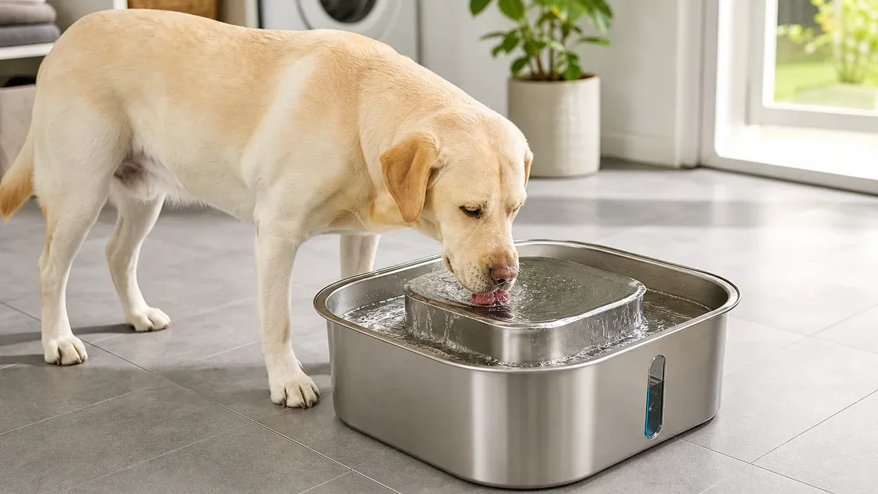 oneisall 7L Hundetrinkbrunnen mit breiter Edelstahl-Trinkschale und großem Hund